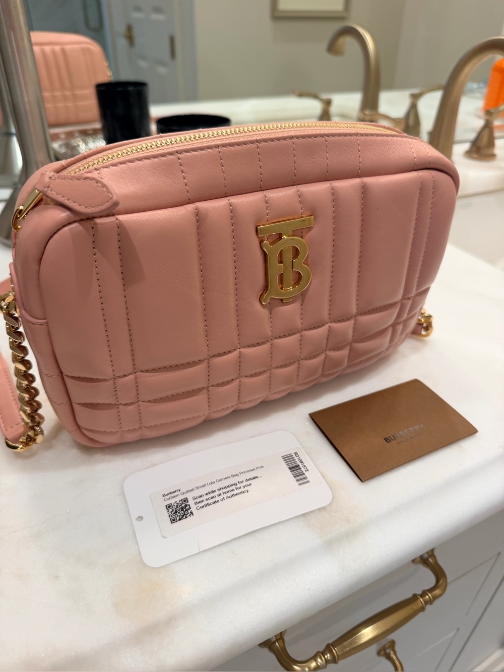 Burberry Quilted Pink Leather Crossbody with Gold TB Monogram